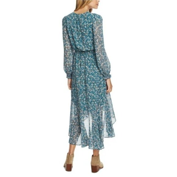 1.STATE Ruffle Dress Medium Long Sleeve Midi Green Floral Cottagecore Hi Lo - Picture 3 of 10